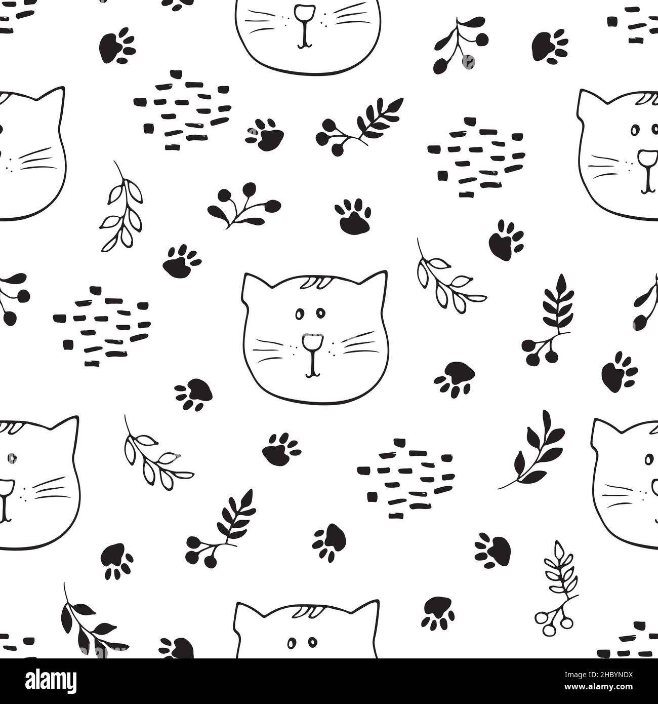 Cute Cat Seamless pattern. Cartoon Animals in forest background. Vector ...