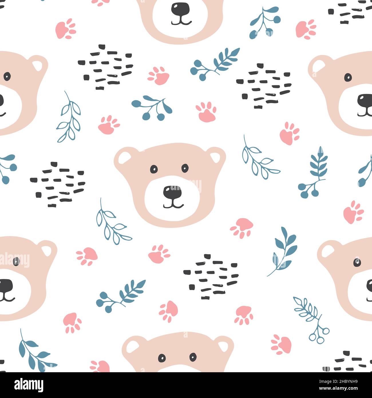 Cute bear Seamless pattern. Cartoon Animals in forest background ...
