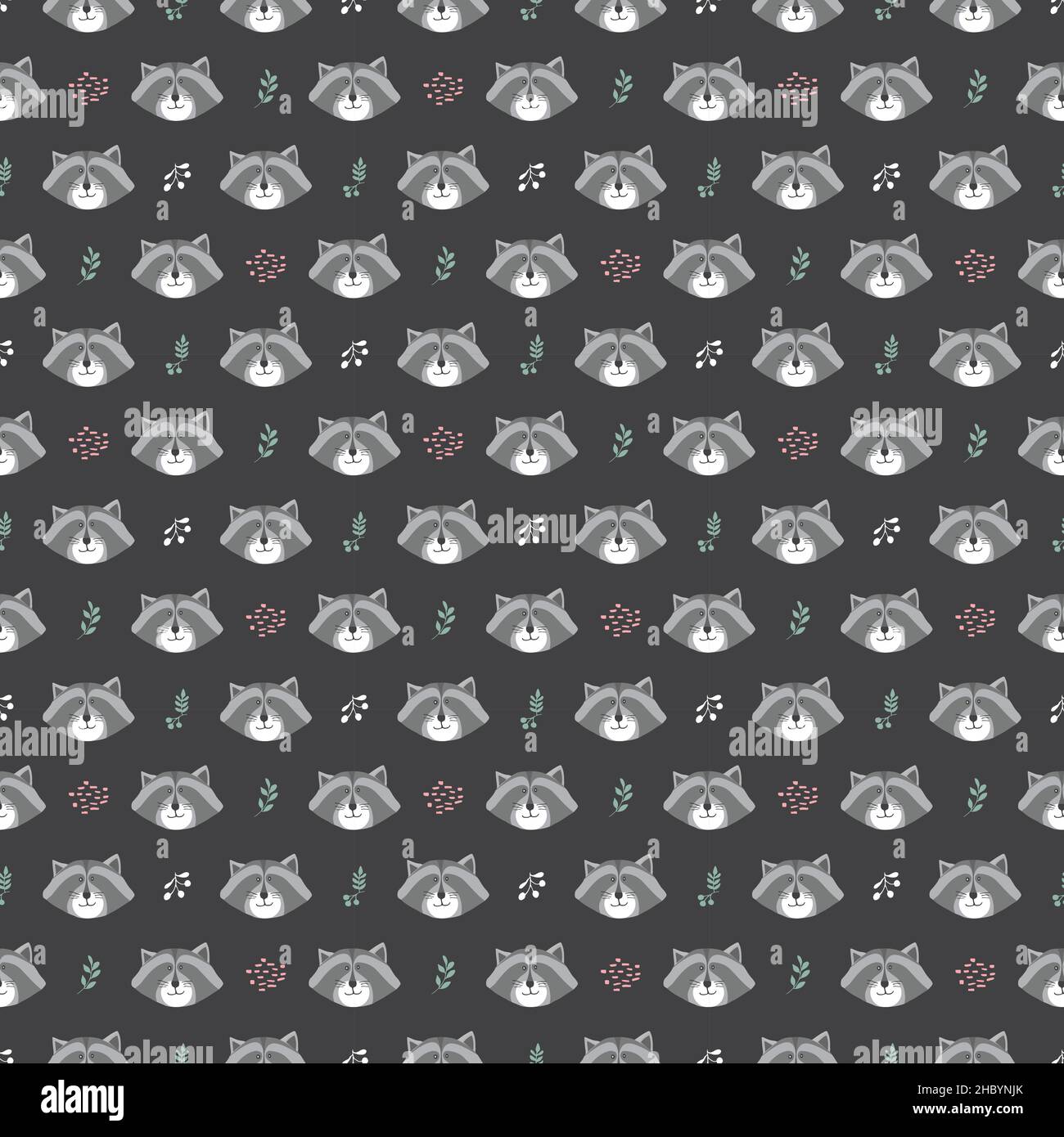 Cute Raccoon Seamless pattern. Cartoon Animals in forest background ...