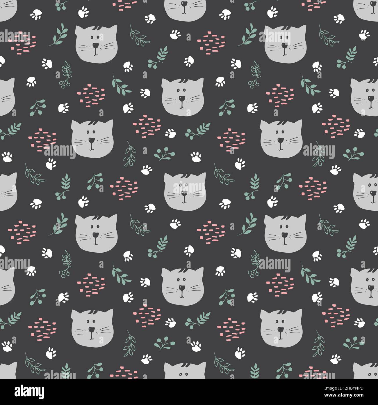 Cute Cat Seamless pattern. Cartoon Animals in forest background. Vector ...