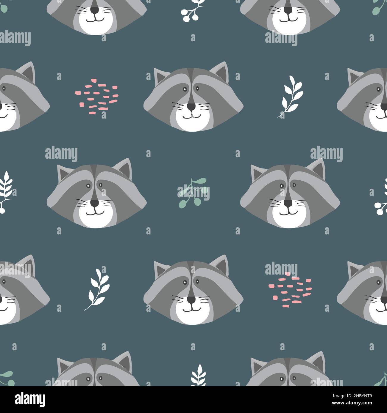 Cute Raccoon Seamless pattern. Cartoon Animals in forest background ...