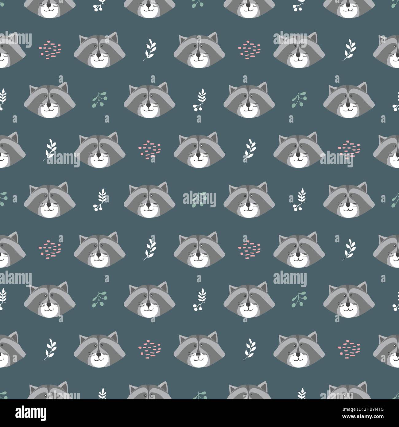 Cute Raccoon Seamless pattern. Cartoon Animals in forest background ...