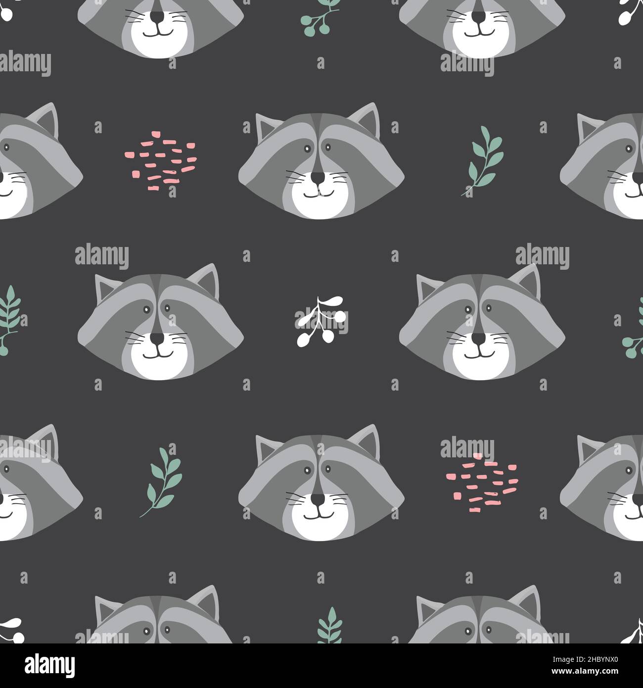Cute Raccoon Seamless pattern. Cartoon Animals in forest background ...