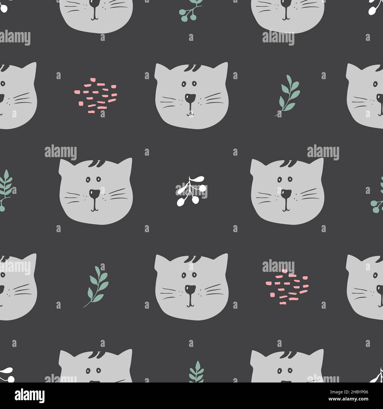 Cute Cat Seamless pattern. Cartoon Animals in forest background. Vector ...