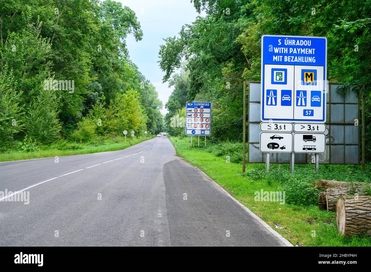 MORAVSKY SVATY JAN, SLOVAKIA – AUGUST 15 2020: Big board with information about Toll Sticker and Digital Vignette device on entrance road to village M Stock Photo
