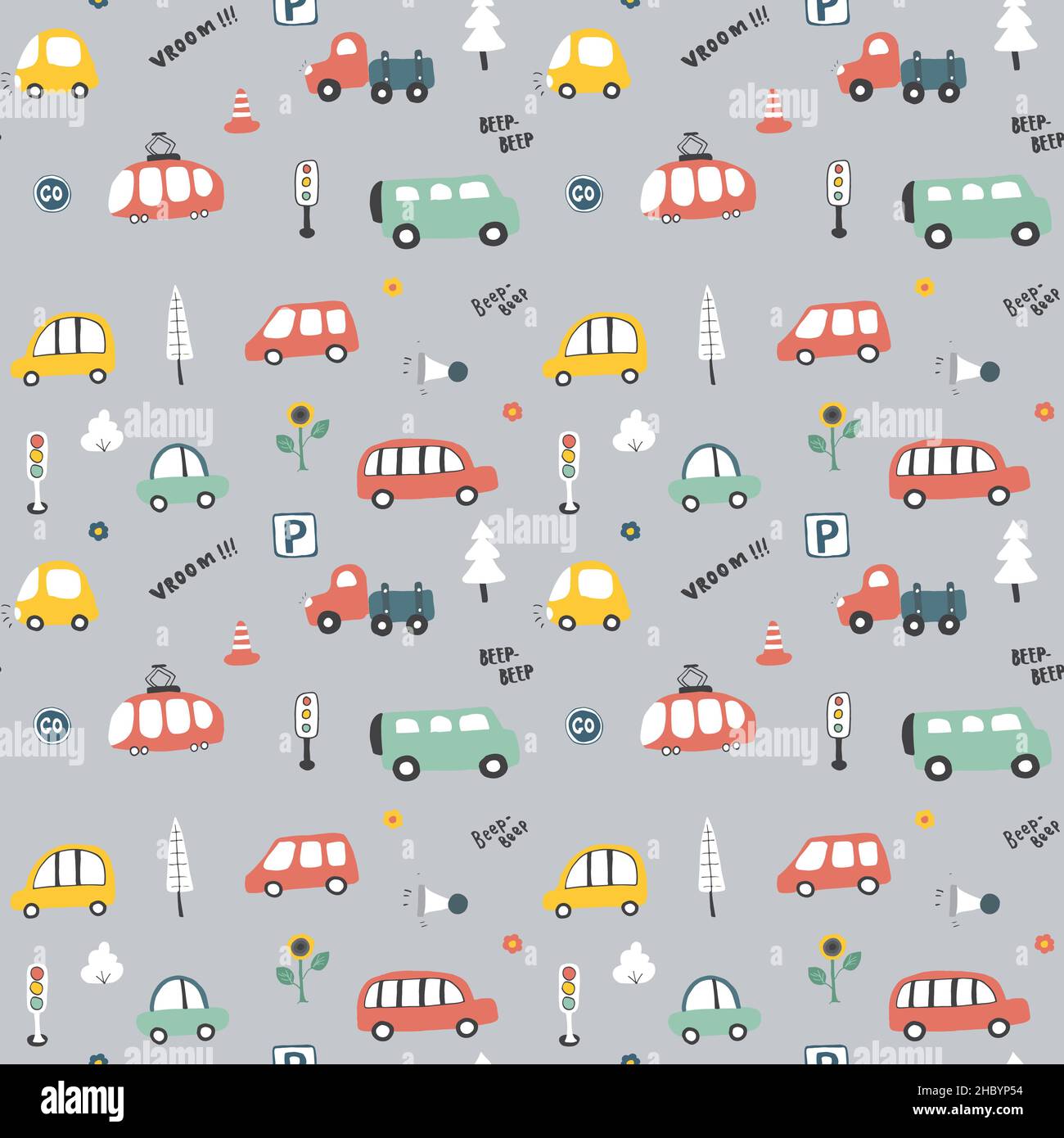 Cute Cars Seamless Pattern, Cartoon transportation Doodles Background ...