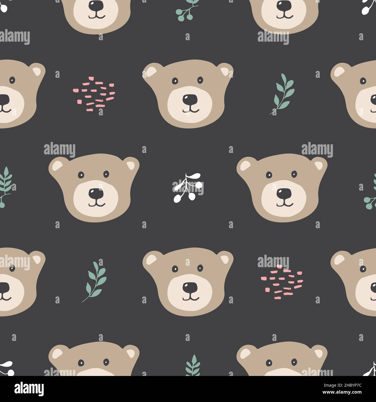Cute bear Seamless pattern. Cartoon Animals in forest background ...