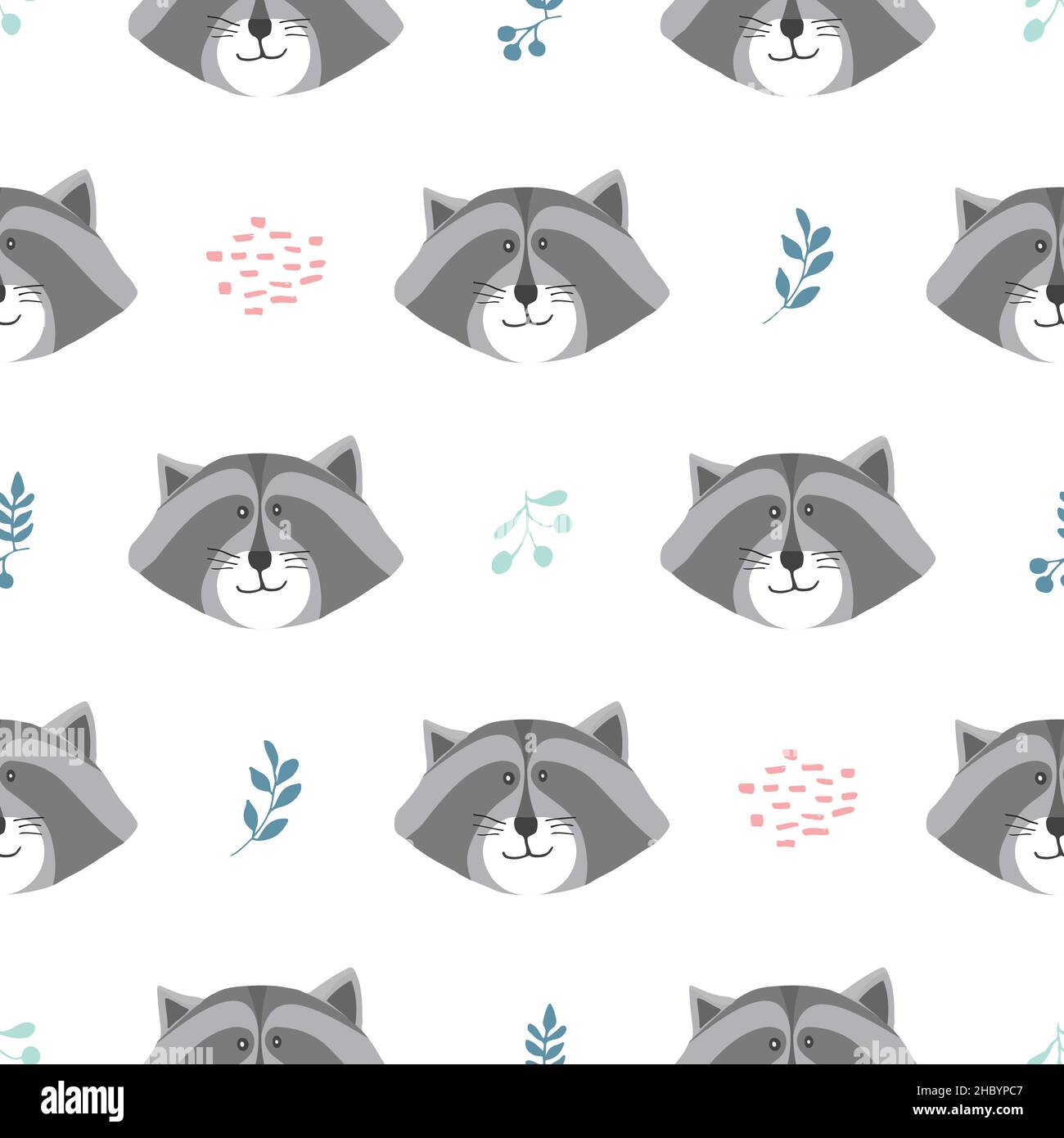 Cute Raccoon Seamless pattern. Cartoon Animals in forest background ...
