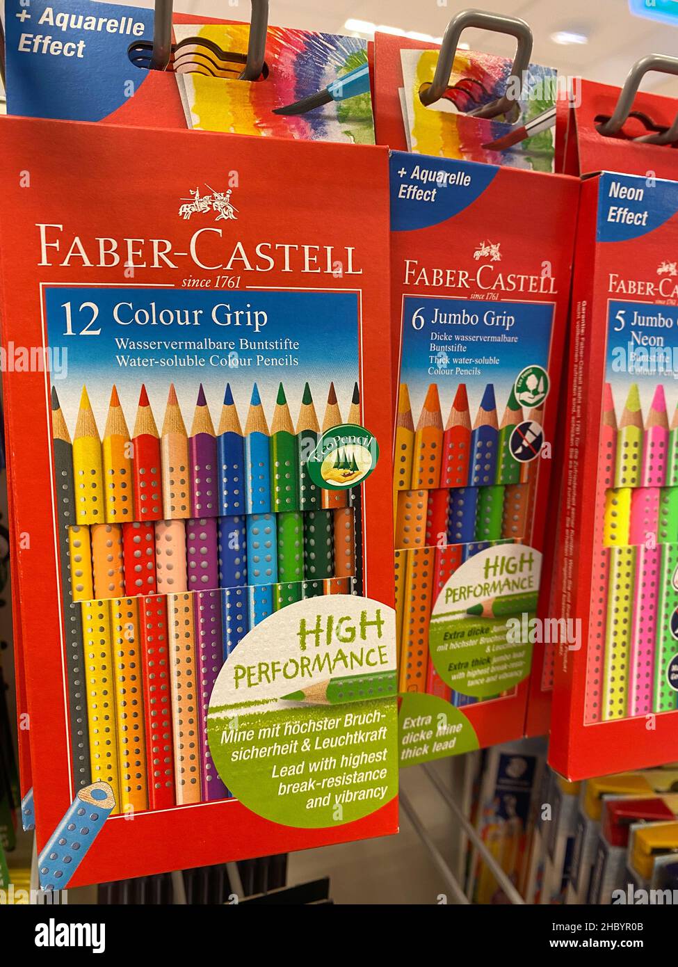 Rheinbach, Germany  5 March 2021,  Different packs of 'Faber-Castell' wooden crayons on the shelf of a German supermarket Stock Photo