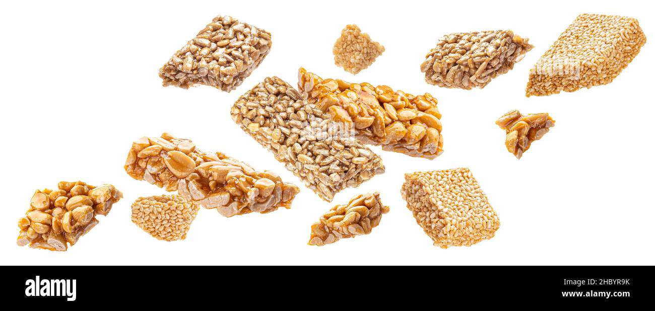 Falling kozinaki bars isolated on white background Stock Photo