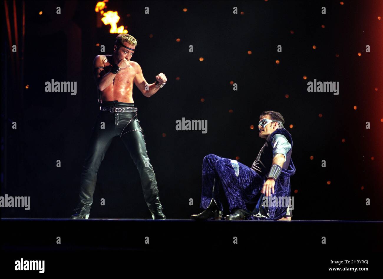Michael Flatley on stage performing his last ever show 'Feet Of Flames' a unique one off performance of 'Lord Of The Dance' held in Hyde Park, London. 25th July 1998. Stock Photo