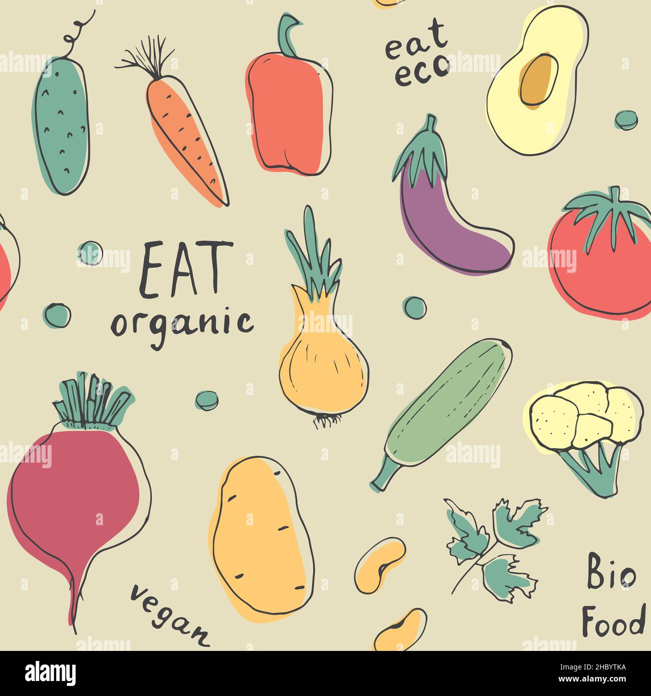 Vegetables seamless pattern. Vegetarian healthy bio food background, Vegan organic eco products pepper, tomato, cucumber, carrot, potato, avocado, bea Stock Vector