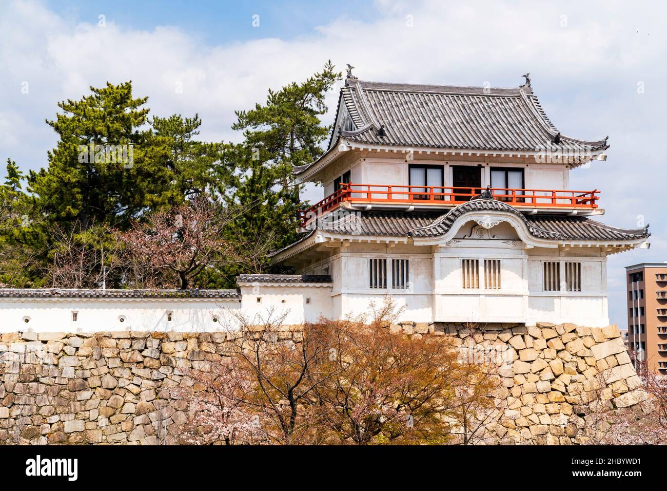 Fukuyama castle in Japan. The re-constructed Tsukimi yagura, the two story moon viewing corner turret on top of ishigaki stone walls. Stock Photo