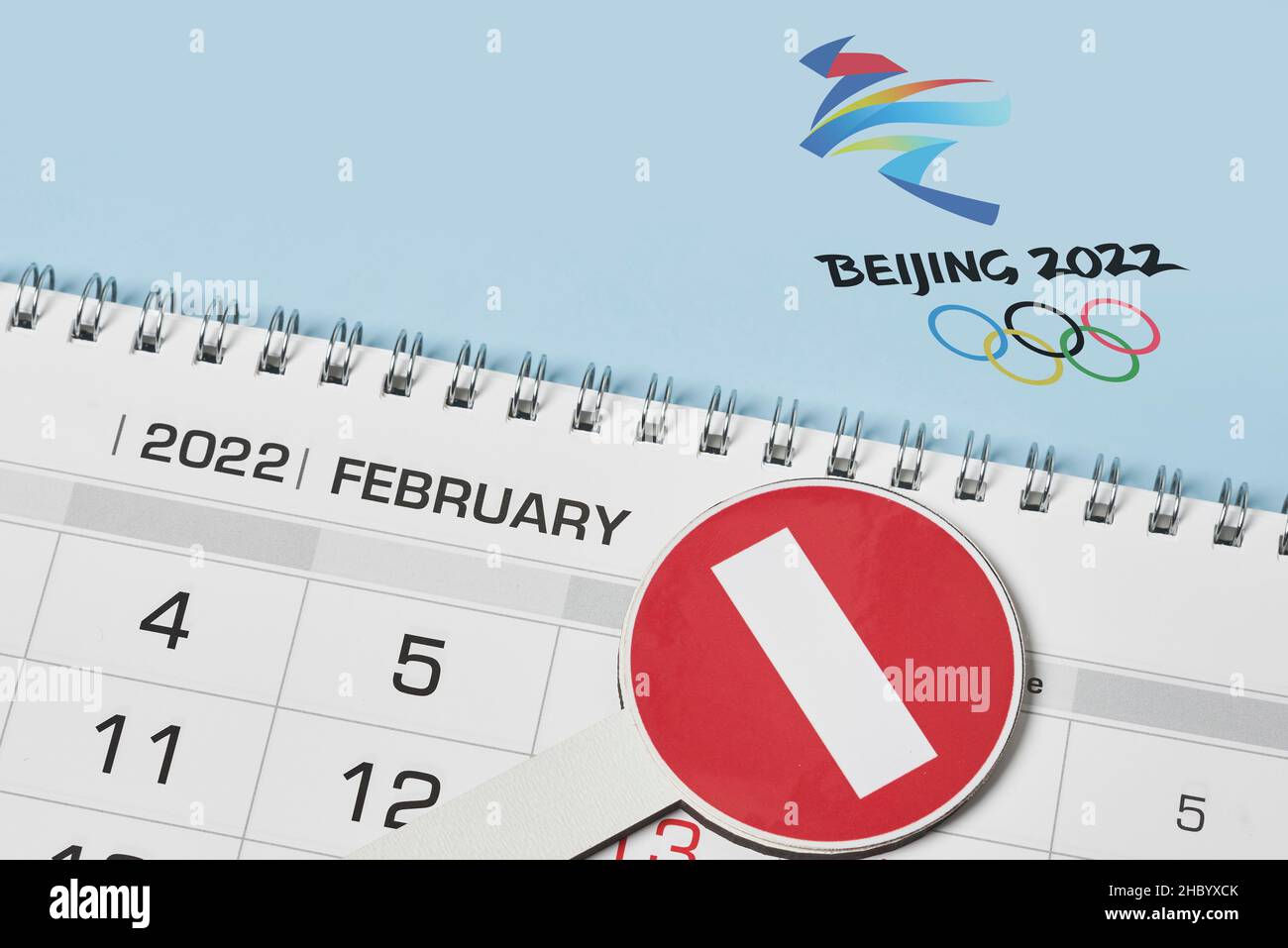 14 December 2021 - Los Angeles, Usa: February 2022 Monthly Calendar And No Entry Traffic Sign. Boycotting Winter Olympic Games In Beijing, China Stock Photo - Alamy