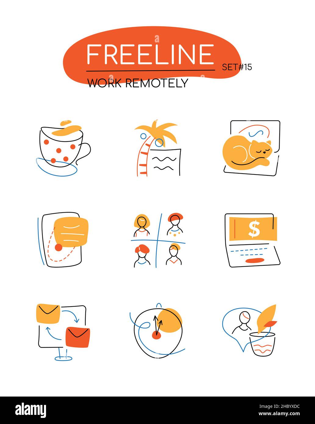 Work remotely - modern line design style icons set in orange color ...