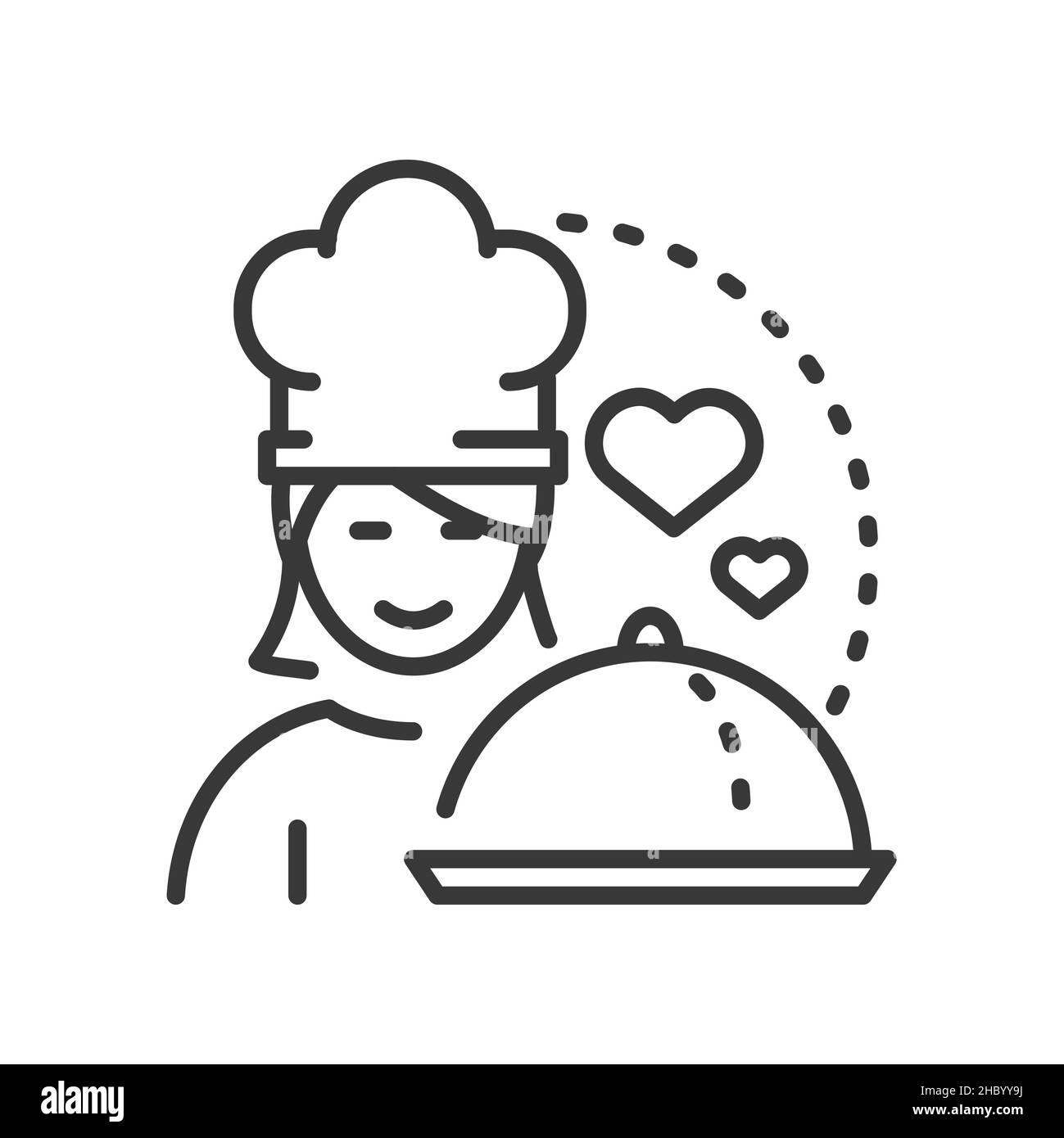 Chef serves the dish - vector line design single isolated icon on white ...