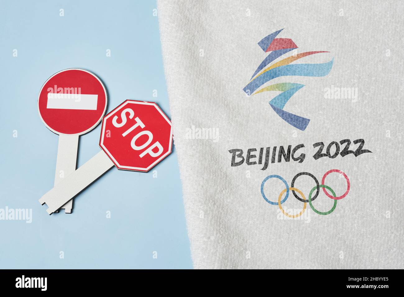 14 December 2021 - Los Angeles, USA: Symbol of Beijing 2022 winter Olympic Games boycott. Boycotting Winter Olympic Games in Beijing, China. Winter Stock Photo