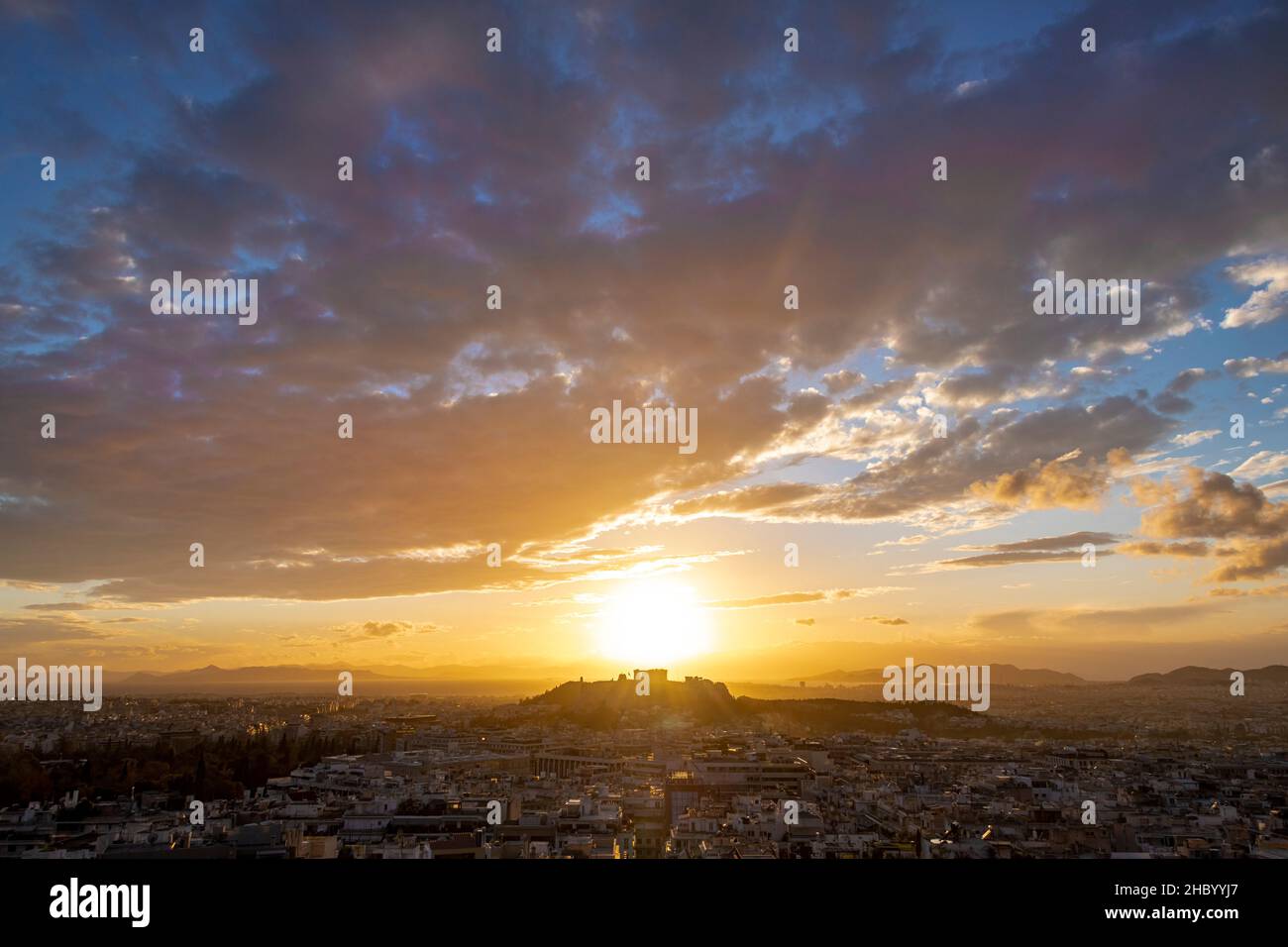Horizontal aerial view of the Acropolis and the city of Athens at sunset, Greece. Stock Photo