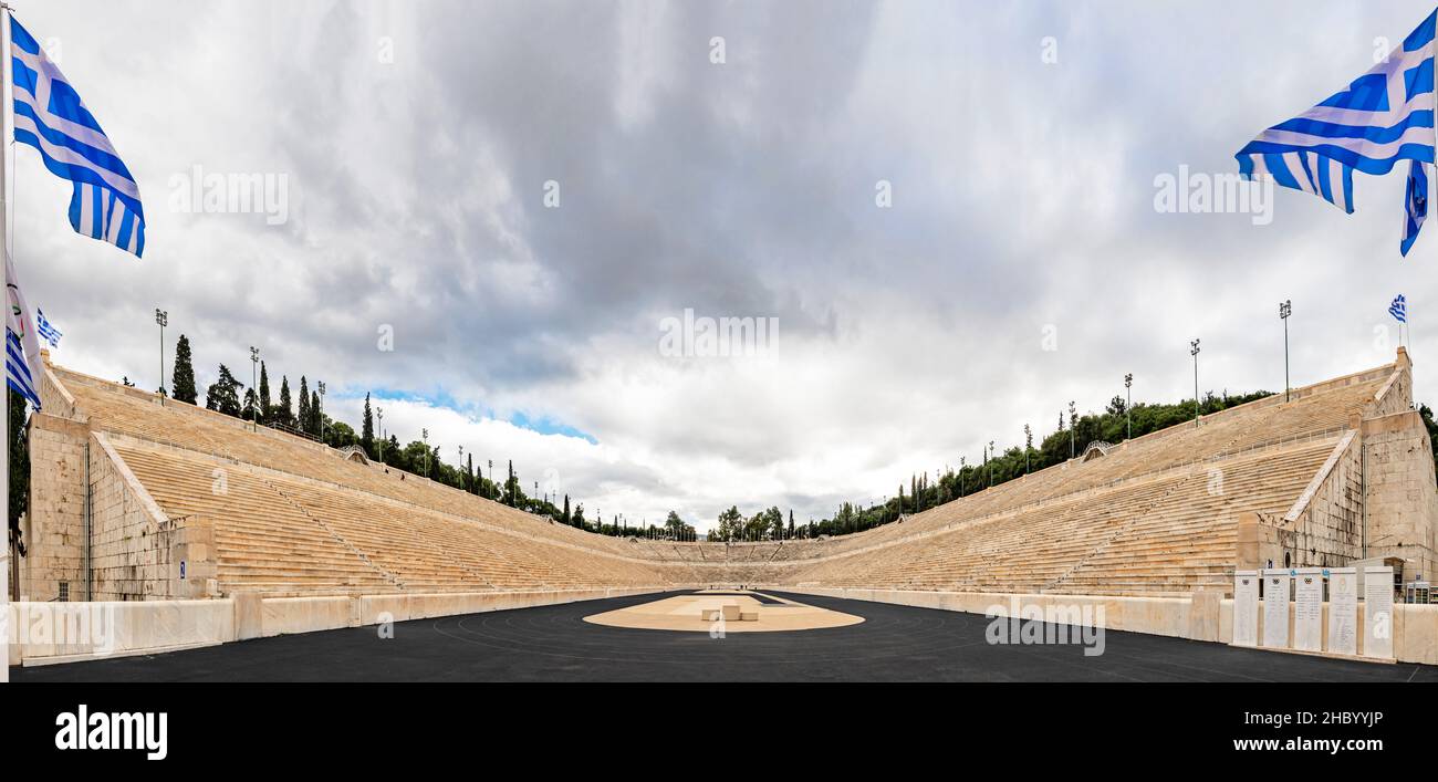 Horizontal panoramic view of the Panathenaic Stadium in Athens, Greece. Stock Photo
