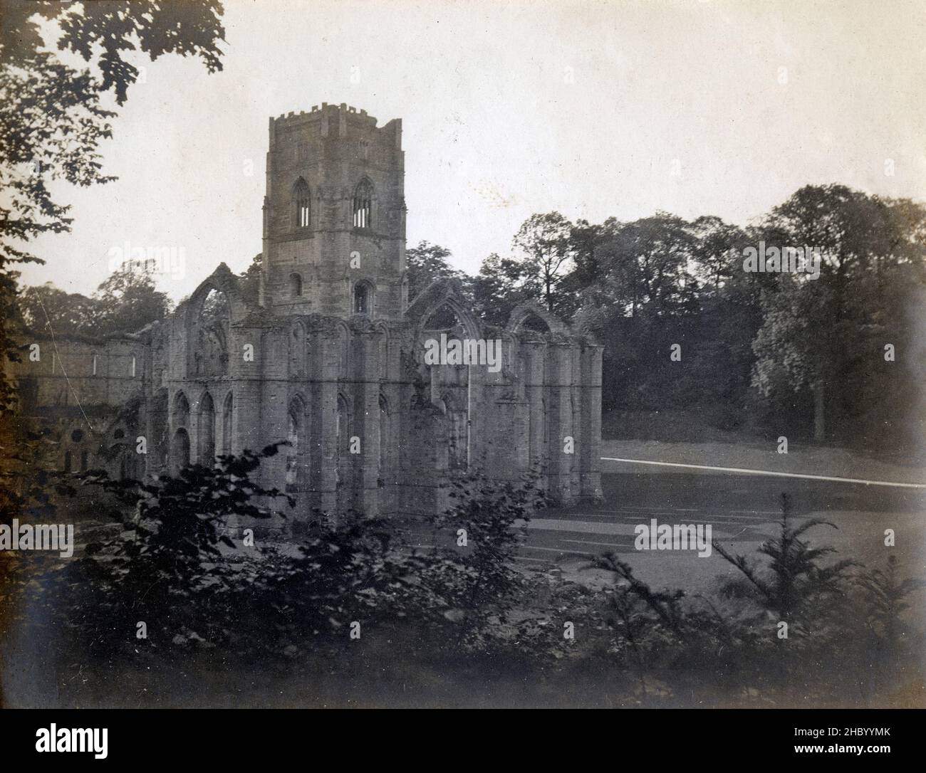 Antique c1900 photograph, Fountains Abbey. Fountains Abbey is one of the largest and best preserved ruined Cistercian monasteries in England. SOURCE: ORIGINAL PHOTOGRAPH Stock Photo
