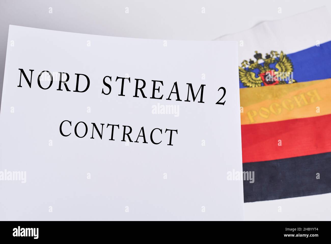 Nord Stream agreement between Germany and Russia. Flags of Russia and Germany and Nord Stream 2 contract Stock Photo