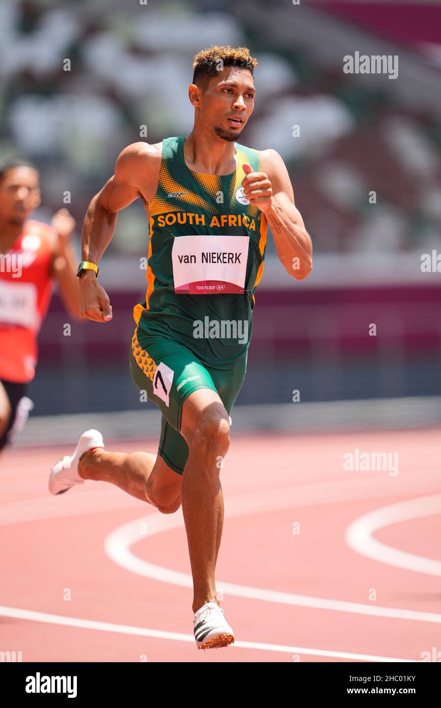 Wayde Van Niekerk competing in the 400 meters of the 2020 Tokyo