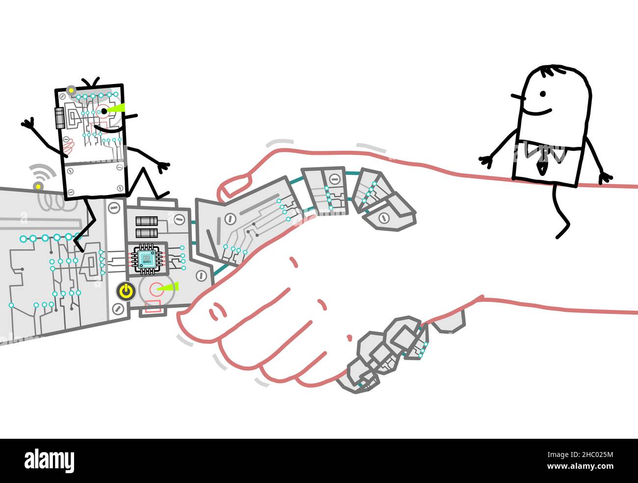 Hand drawn Cartoon Businessman and Robot Meeting on a big Handshake Stock Vector