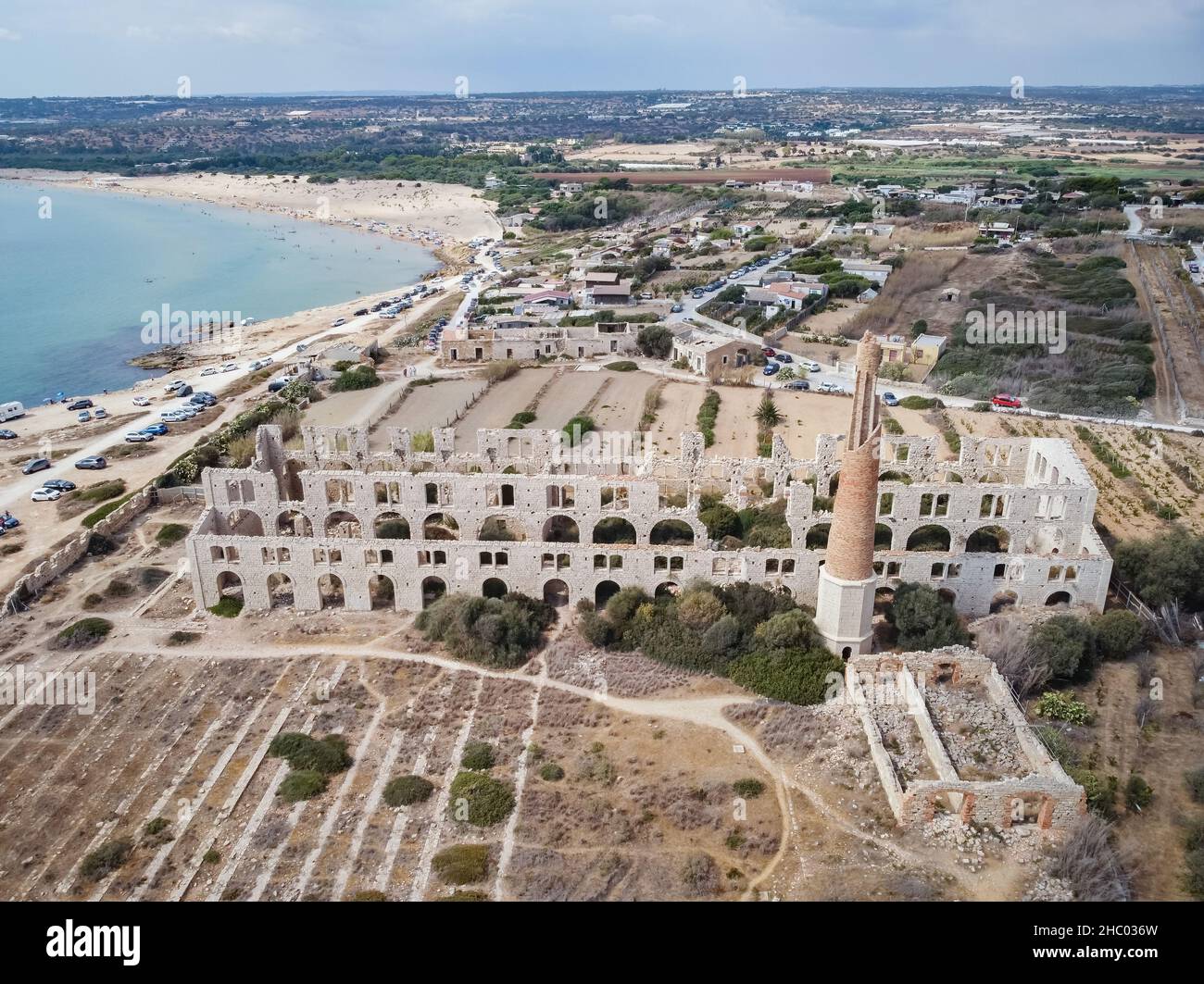 Aerial drone. Fornace Penna, monument of industrial archeology in Sampieri, Ragusa, Sicily, called La Mannara in the stories of Inspector Montalbano. Stock Photo
