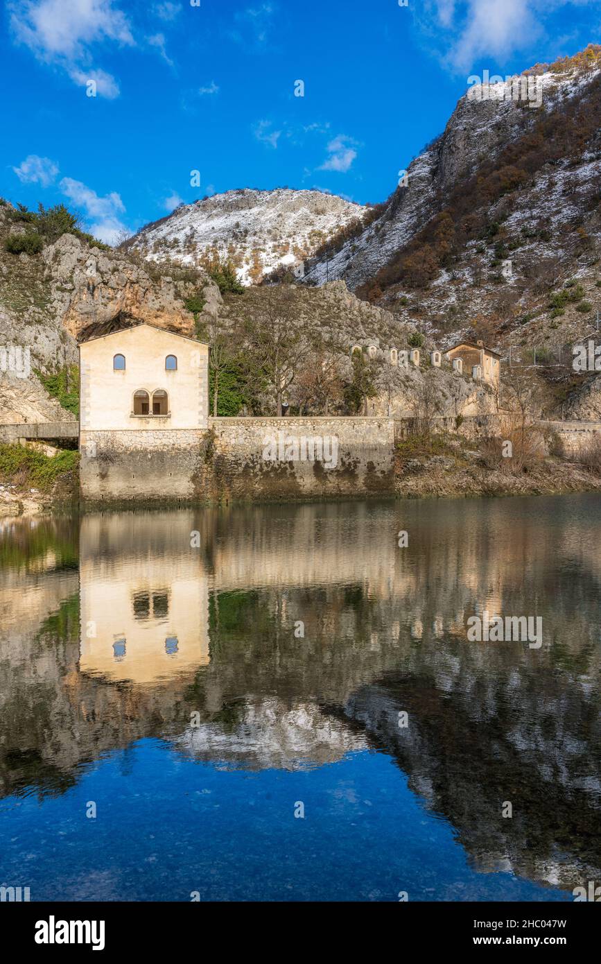 San Domenico Lake near Villalago and Scanno during winter season. Abruzzo, Italy. Stock Photo