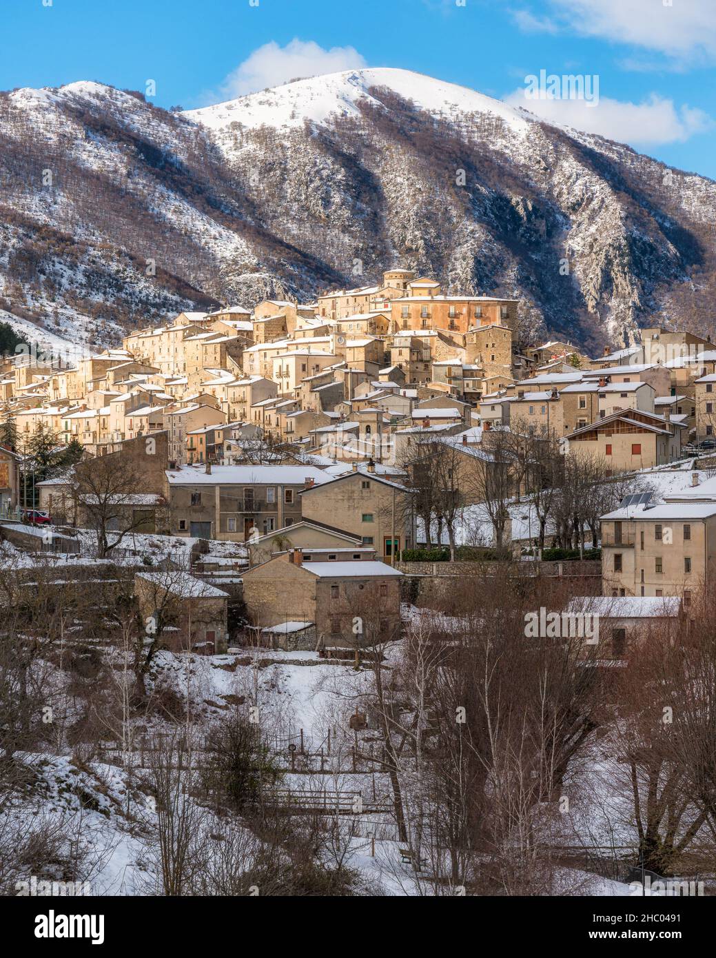 The beautiful village of Villalago, covered in snow during winter season. Province of L'Aquila, Abruzzo, Italy. Stock Photo