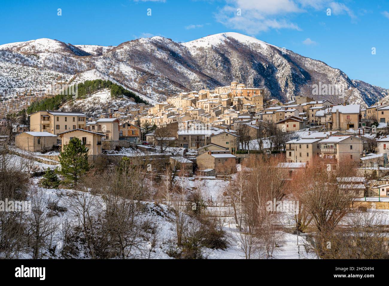 The beautiful village of Villalago, covered in snow during winter season. Province of L'Aquila, Abruzzo, Italy. Stock Photo