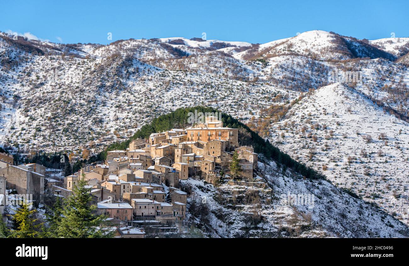 The beautiful village of Villalago, covered in snow during winter season. Province of L'Aquila, Abruzzo, Italy. Stock Photo