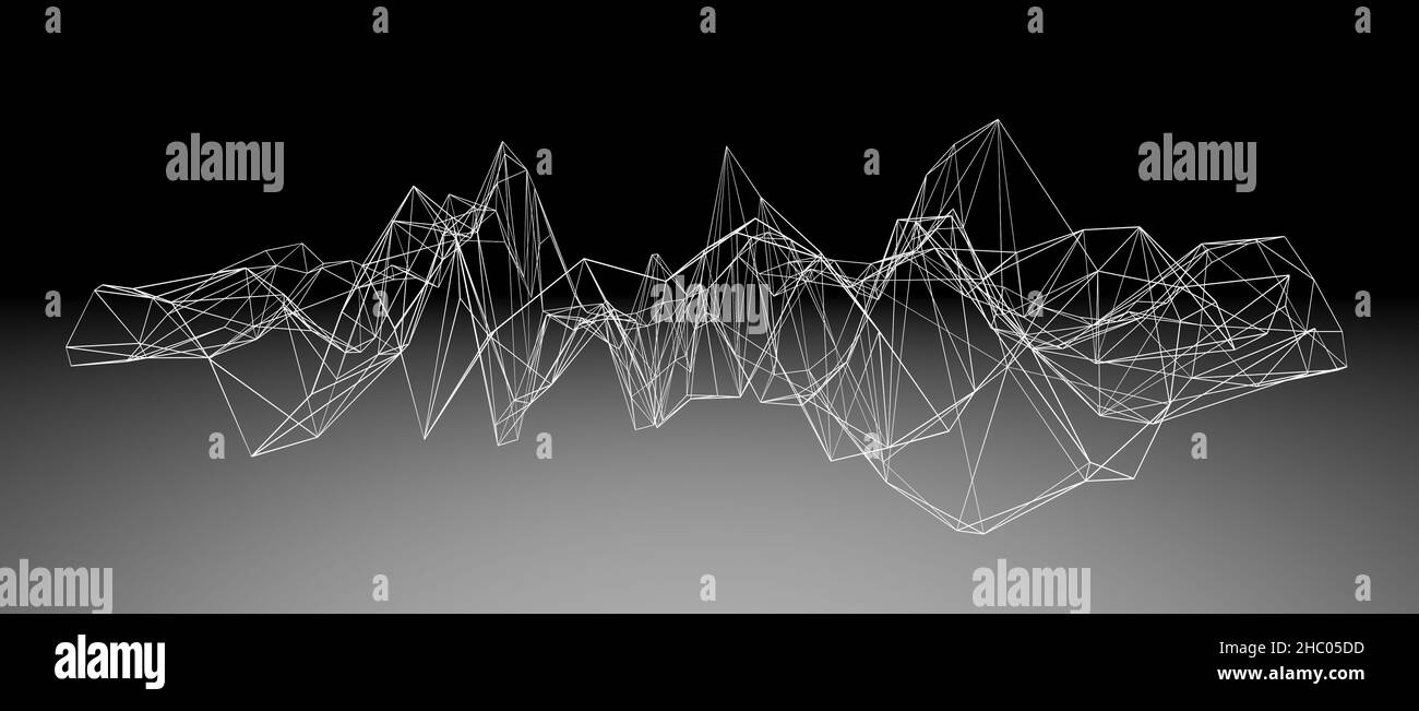 Abstract white wireframe waveform with connected wires or polygonal structure on gradient black and grey background Stock Photo
