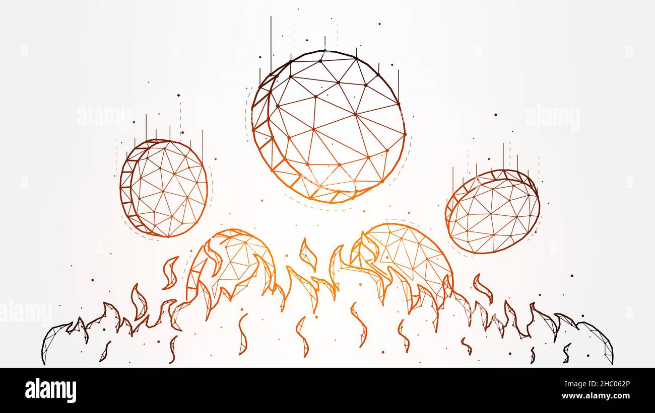 Polygonal vector illustration of falling coins in flames of fire ...