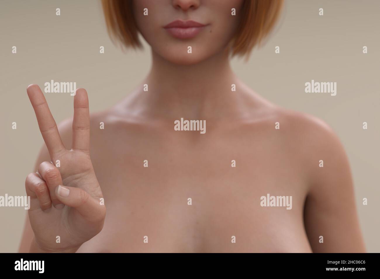 Sexy nude virtual female model with red hair showing peace gesture at viewer, 3D render Stock Photo