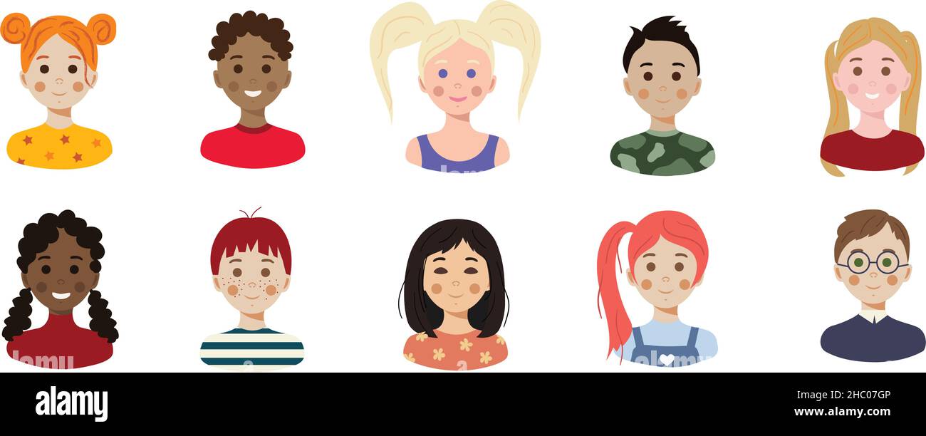Set of children avatars. Bundle of smiling faces of boys and girls with different hairstyles, skin colors and ethnicities. Colorful flat vector illust Stock Vector