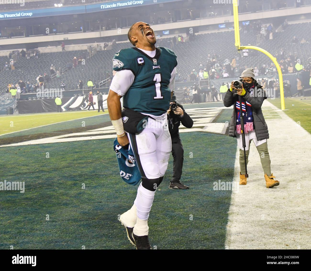 Philadelphia, Pennsylvania, USA. 21st Dec, 2021. Eagles JALEN HURTS QB (1) is all smiles as he leaves the field after beating the WFT at Lincoln Financial Field. Eagles won 27:17. (Credit Image: © Ricky Fitchett/ZUMA Press Wire) Stock Photo