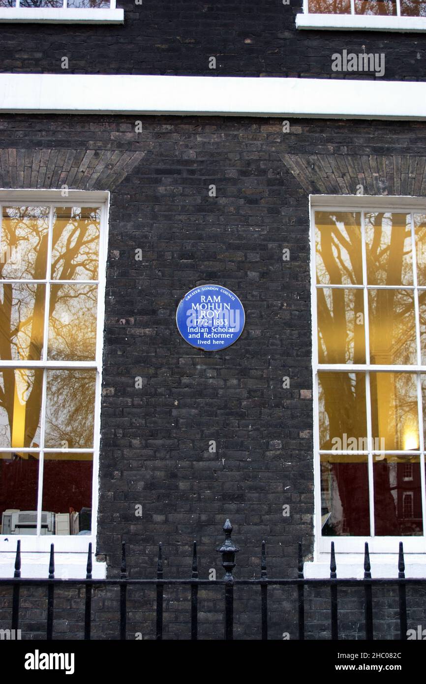 A commemorative blue plaque for Ram Mohun Roy Indian Scholar. London, UK. Stock Photo