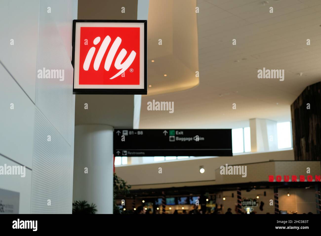 Sign for Illy Caffe location at Harvey Milk Terminal in San Francisco International Airport; Italian coffee company eatery for travelers at SFO. Stock Photo