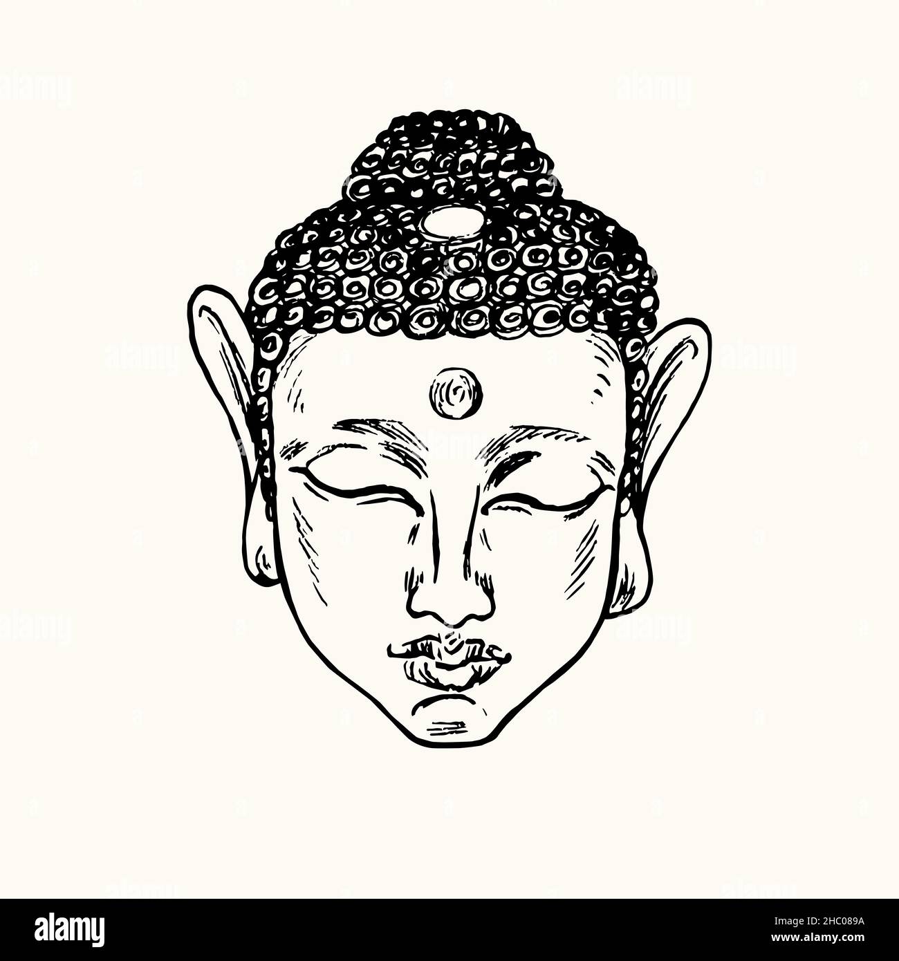 Buddah face. Ink black and white doodle drawing in woodcut style with inscription. Stock Photo