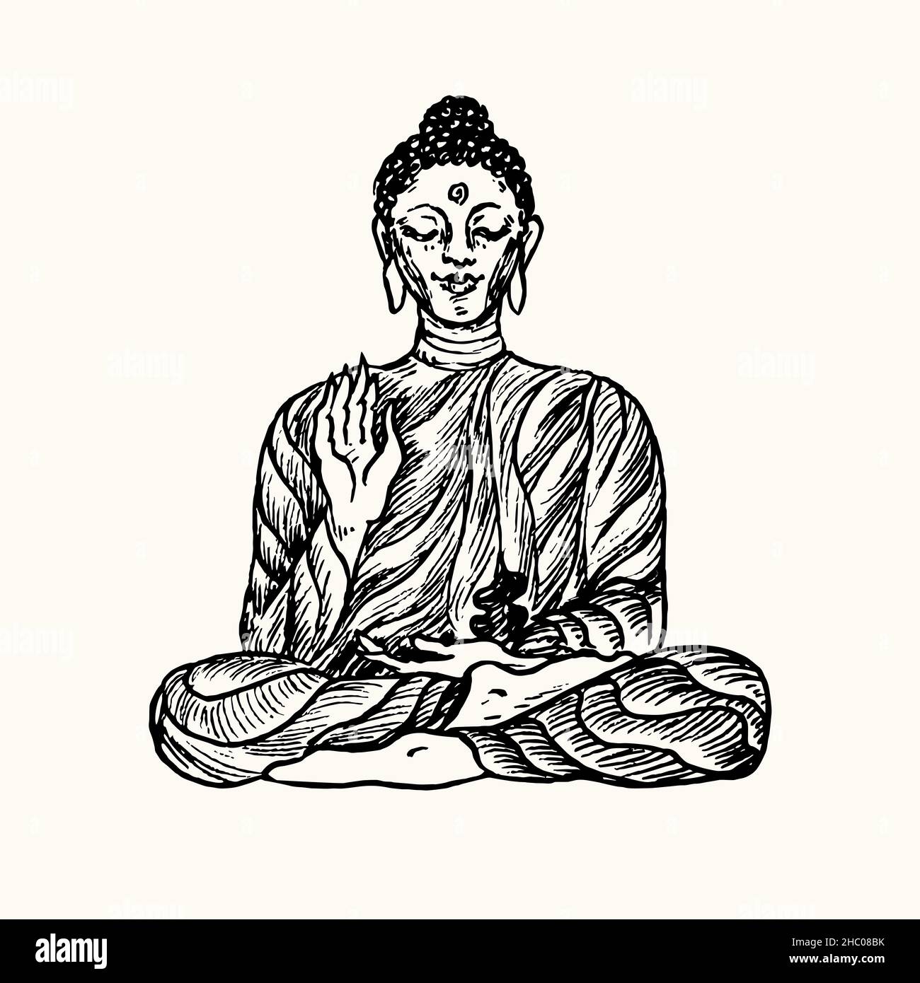 Buddah meditating. Ink black and white doodle drawing in woodcut style with inscription. Stock Photo