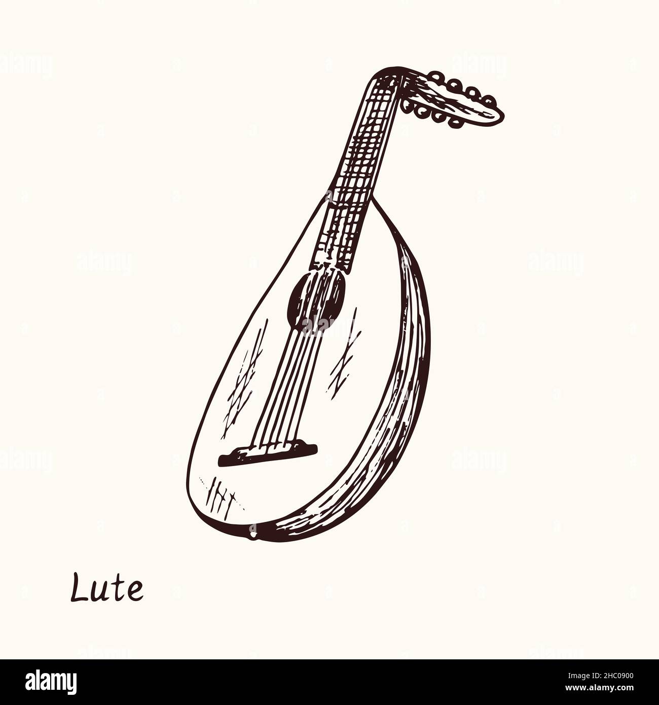 Lute. Ink black and white doodle drawing in woodcut style with