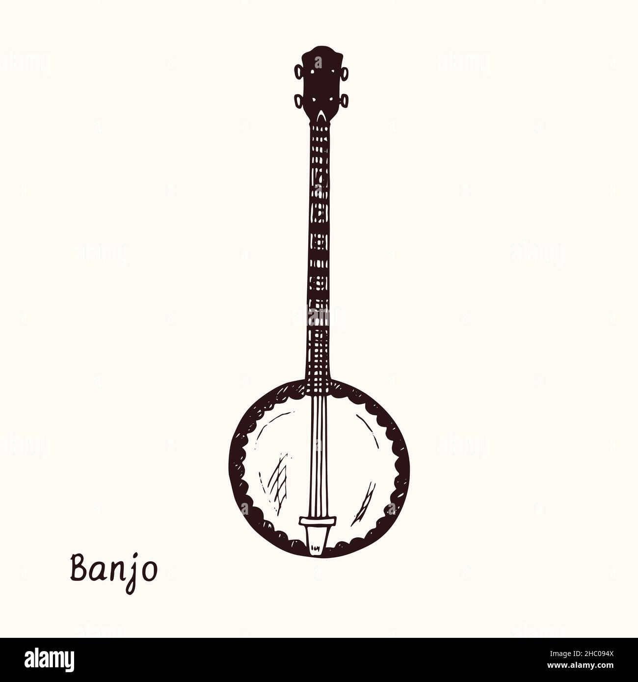 Banjo. Ink black and white doodle drawing in woodcut style with