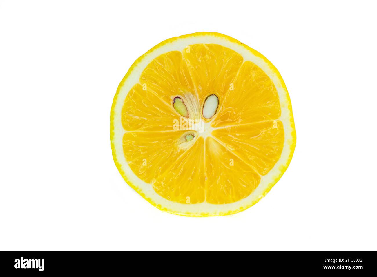 Lemon slice, top view of lemon slice isolated on white background. Citrus fruit with clipping path. Stock Photo