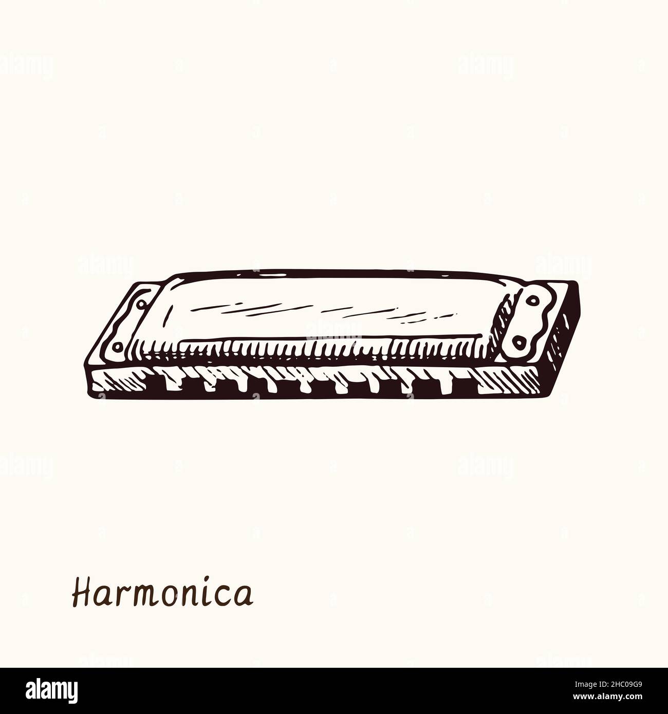 Harmonica. Ink black and white doodle drawing in woodcut style with
