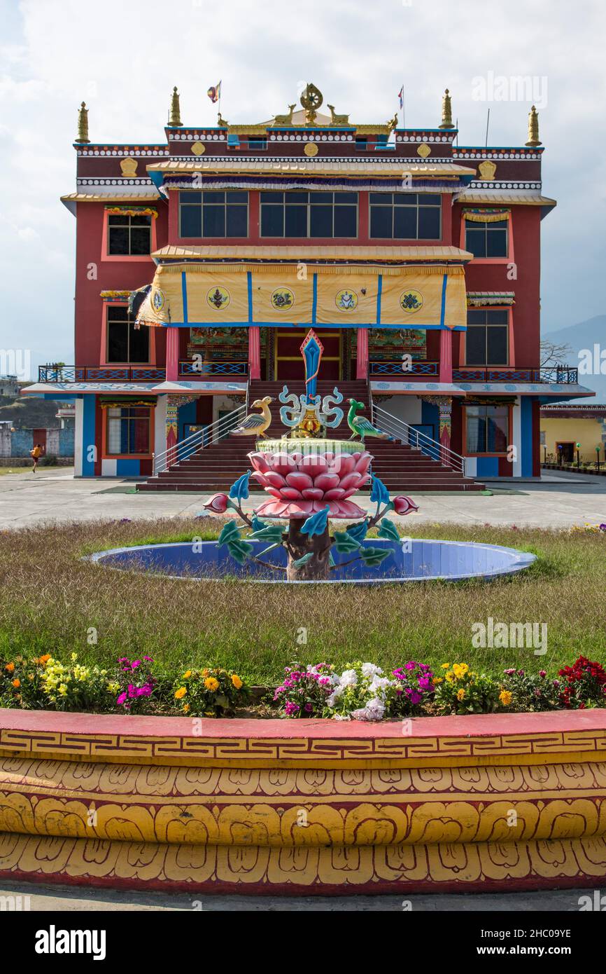 A fountain in front of the main building at the Pema Tsal Sakya Monastery near Pokhara, Nepal. Stock Photo