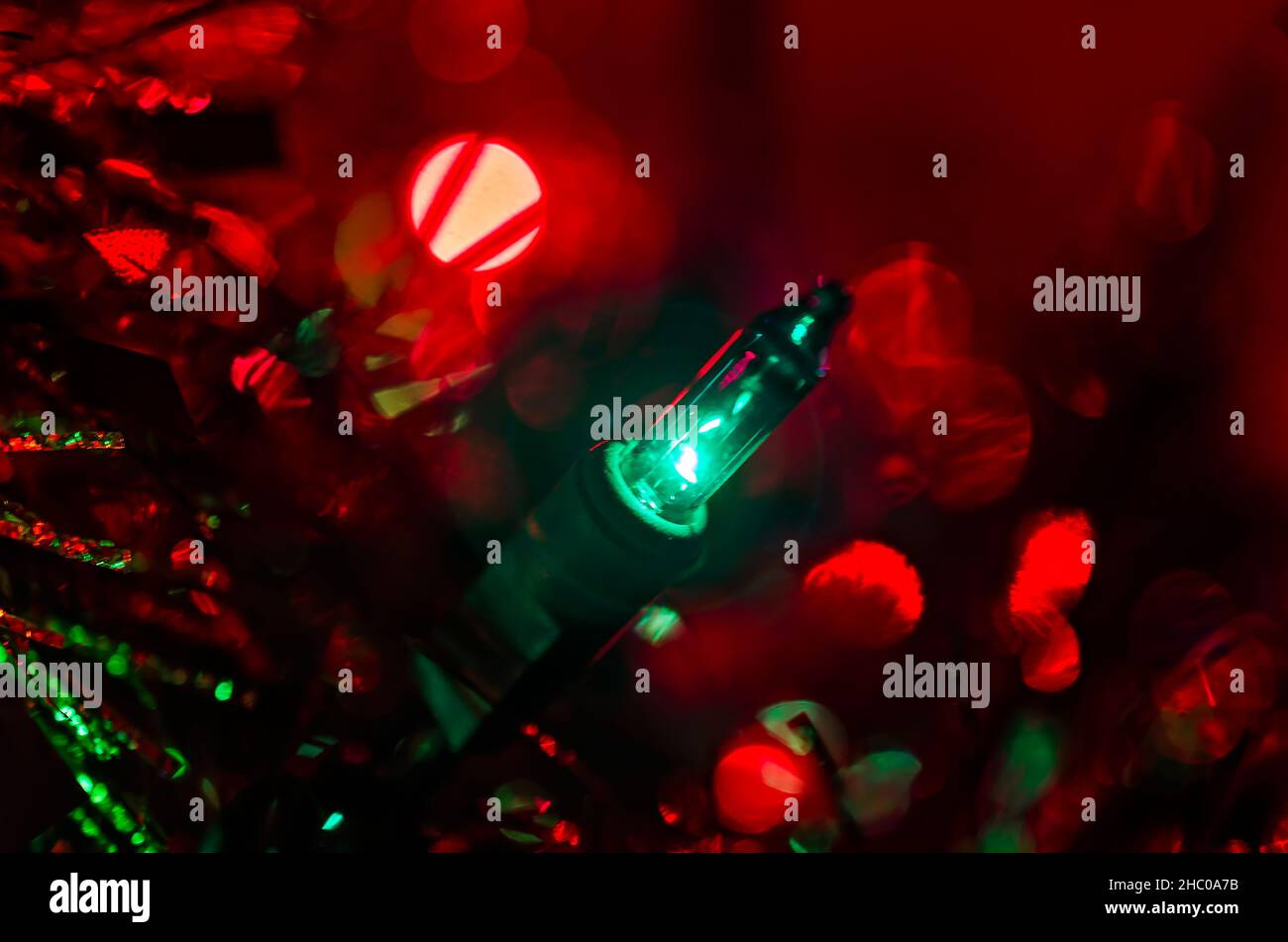 Multi-colored string lights create a festive Christmas backdrop, Dec. 27, 2017, in Coden, Alabama. Stock Photo