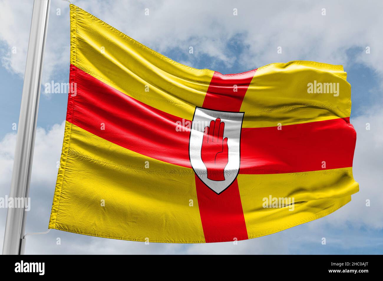 The flag of Ulster is a historic banner based on the coat of arms of Ulster Stock Photo