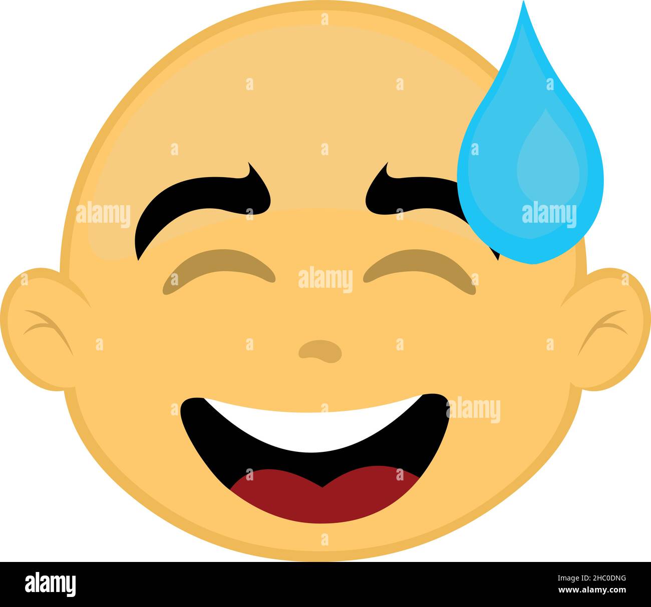 Vector illustration of the face of a bald, yellow cartoon character with an expression of shame and a drop of perspiration on his head Stock Vector