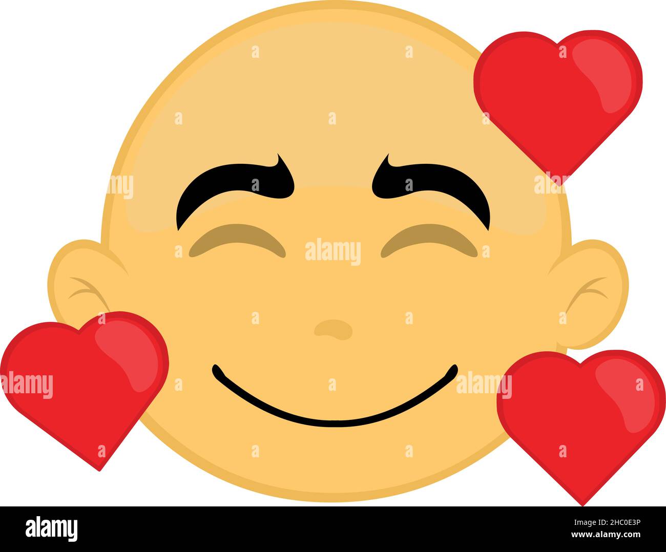 Vector illustration of the face of a cartoon character, yellow and bald, surrounded by hearts Stock Vector